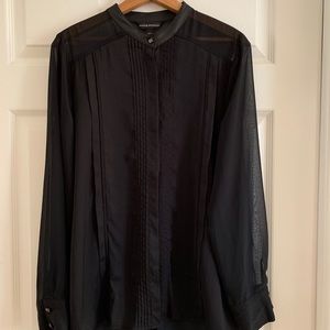 Tuxedo blouse with vegan leather collar trim